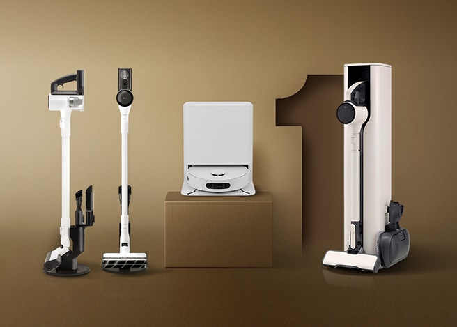 브라운 배경에 양 옆으로 코드제로 청소기 배치. 가운데 숫자 1로 1등청소기를 표현.